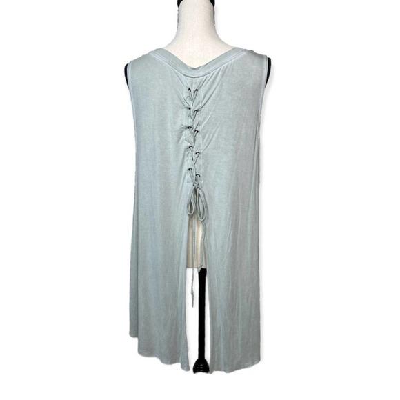 Umgee Green Pastel Washed Lace Up Tunic Sleeveless Slit Back Tank Top Oversized - Picture 3 of 12